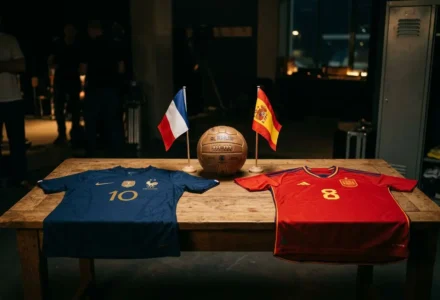 Deux maillots disputent l’attention autour d’un ballon de football: bleu France 10 et rouge Espagne 8, flanqués des drapeaux des deux pays.
