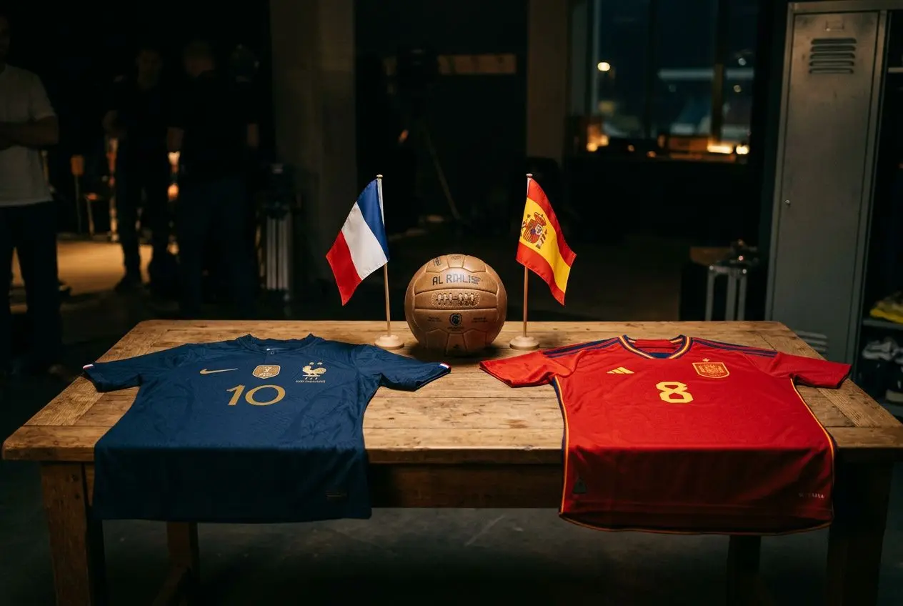 Deux maillots disputent l’attention autour d’un ballon de football: bleu France 10 et rouge Espagne 8, flanqués des drapeaux des deux pays.