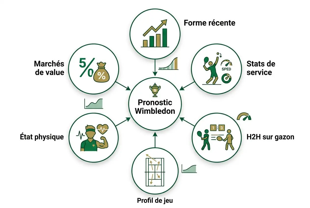 Diagramme central « Pronostic Wimbledon » avec six statistiques entourant: forme récente, stats de service, H2H sur gazon, profil de jeu, état physique et marchés de valeur. Inclut flèches et icônes associées. Inclure le mot-clé pronostics tennis wimbledon de façon naturelle selon le contexte.