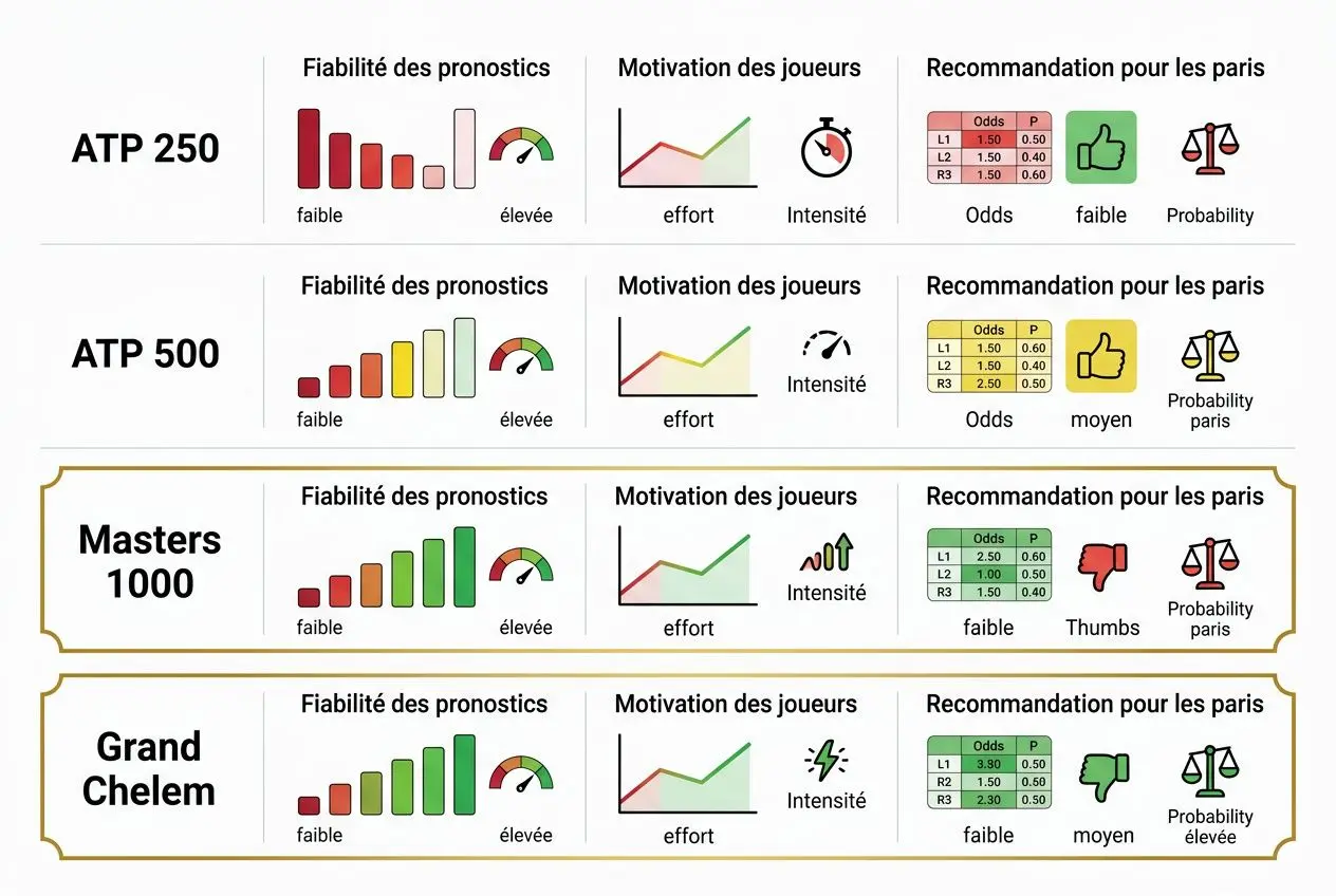 Diagramme compare différents niveaux de fiabilité des pronostics et motivations des joueurs pour ATP 250, ATP 500, Masters 1000 et Grand Chelem, avec recommandations pour les paris et probabilités. pronostic tennis meilleur intégré.