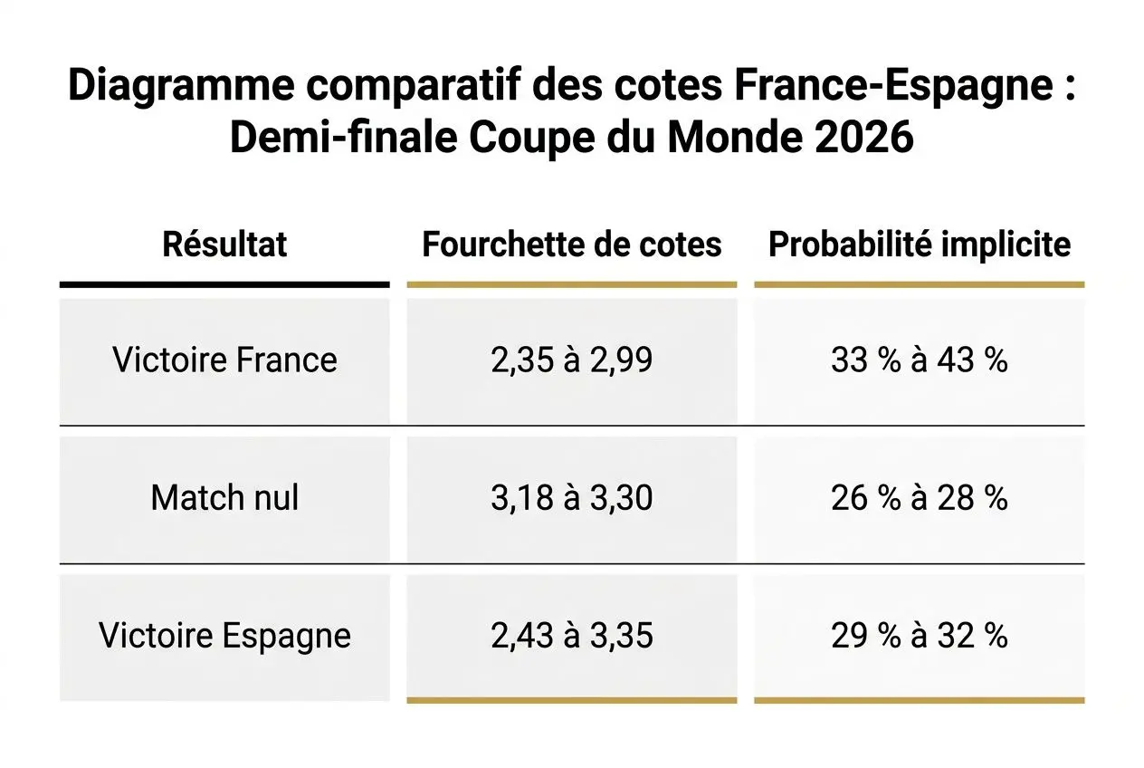 Diagramme des cotes France-Espagne 2026: victoires France et Espagne avec fourchettes et probabilités implicites.
