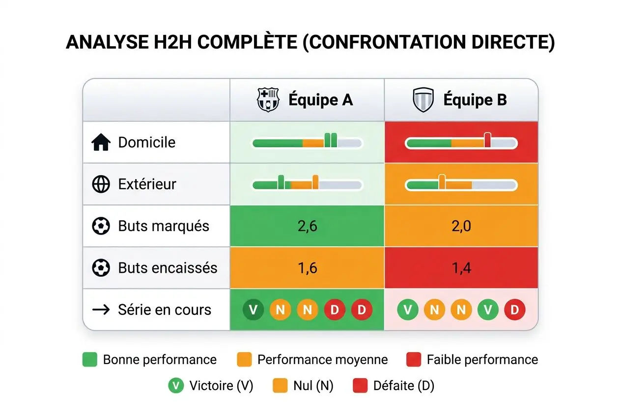 Diagramme d’analyse H2H montrant une comparaison Équipe A vs Équipe B: domicile, extérieur, buts marqués, buts encaissés et série en cours. FAIRE: intégration du mot-clé. Alt: "comment analyser un match pour parier" intégré.