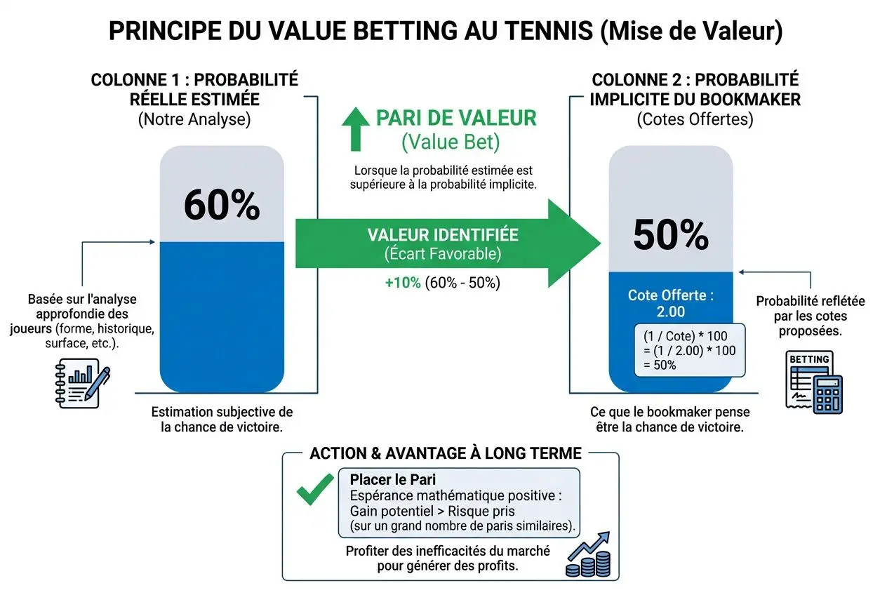 Diagramme explicatif sur le value betting au tennis: estimation de probabilité, valeur identifiée et cotes offertes, avec focus sur la stratégie « comment parier masters 1000 ».
