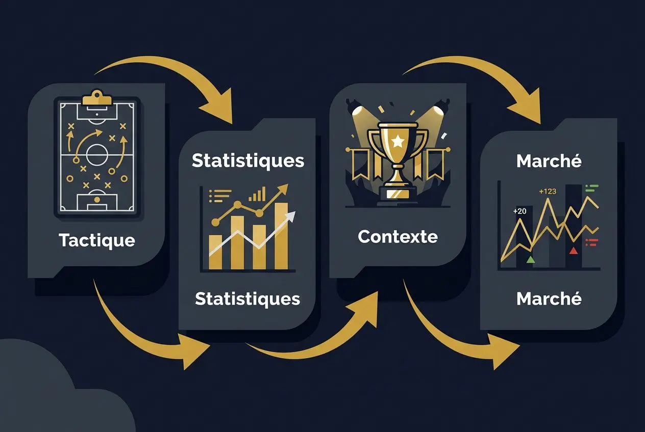 Diagramme illustrant une chaîne de processus analytiques: tactiques, statistiques, contexte et marché, avec flèches circulaires reliant les blocs. intégration de la méthodologie pronostic france espagne de base.