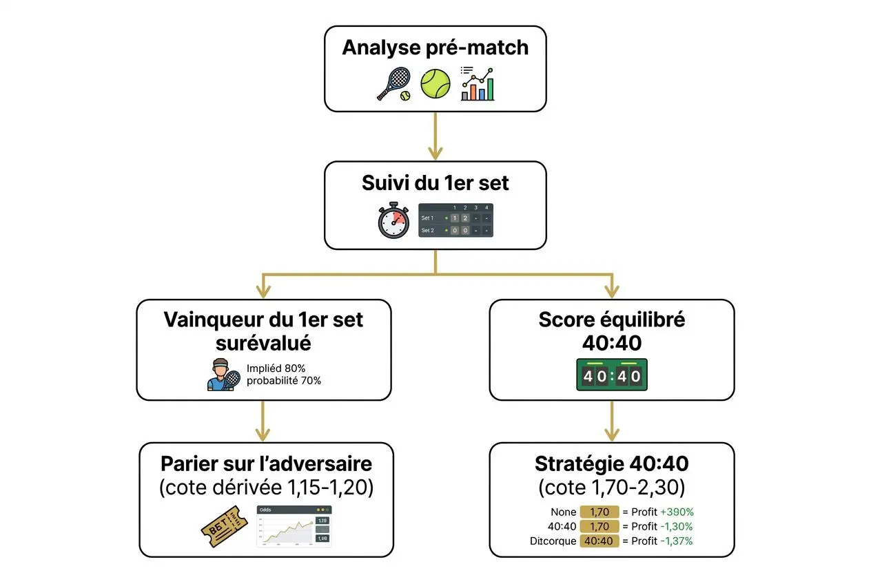 Diagramme montrant un processus d’analyse pré-match et suivi du 1er set pour parier au tennis, avec choix entre vainqueur du 1er set surévalué et score équilibré 40:40 puis stratégies associées. Inclut conseils pour "comment gagner au tennis paris sportif".