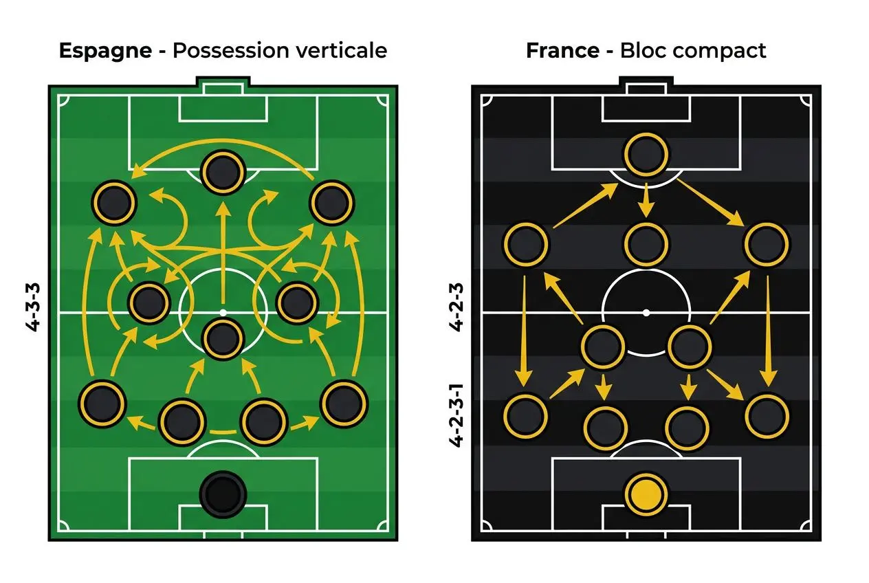 Diagramme tactique Espagne-France montrant possession verticale (Espagne) et bloc compact (France) avec flèches jaunes indiquant les connexions et passes. pronostic france espagne intégré.