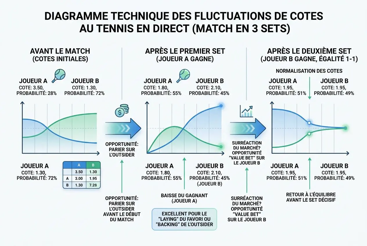 Diagramme technique des fluctuations de cotes au tennis en direct, montrant l’évolution avant-match, après le premier set et après le deuxième set avec opportunités de paris sur l’extérieur. Intègre la notion de stratégie paris sportif tennis.