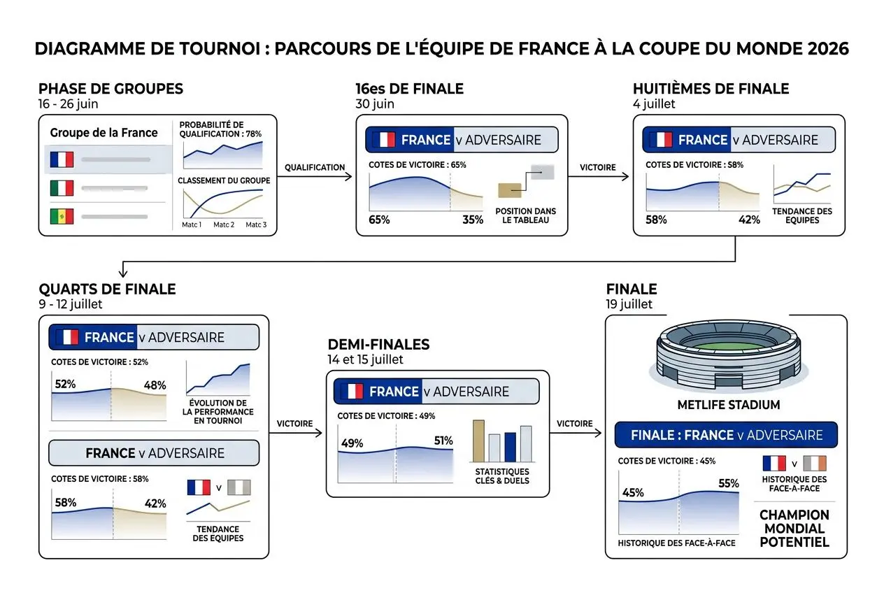 Diagramme de tournoi montrant les parcours de l'équipe de France à la coupe du monde 2026, avec phases de groupes, quarts, demi-finales, finale et le lieu du MetLife Stadium. Incorporer calendrier france coupe du monde 2026.