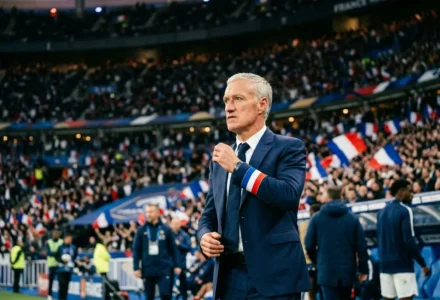 Didier Deschamps entraineur et sélectionneur de l'équipe France sur le terrain, observé lors d’un match, élégamment en costard avec micro en main.