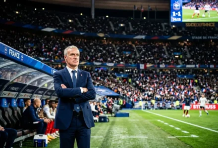 Didier Deschamps palmarès entraîneur sur le bord duterrain, bras croisés, regard concentré lors d'un match, ambiance festive en tribunes.