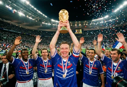 Didier Deschamps palmarès joueur: capitaine célébrant le trophée en bleu, entouré de coéquipiers medaillés et fans.