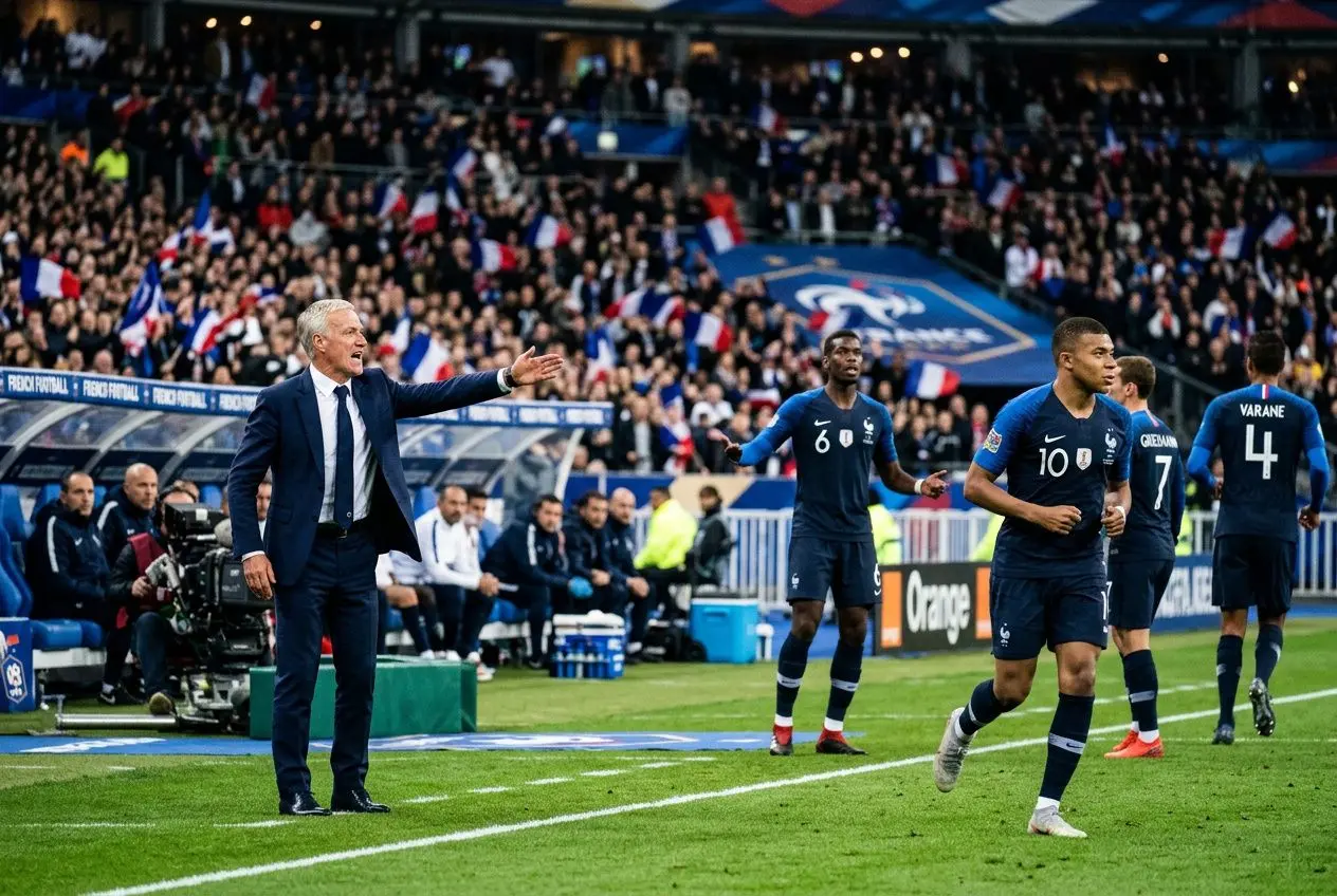 Didier Deschamps en sortie de banc avec l’équipe de France sur le terrain, joueurs en bleu après une action, ambiance de match et tribunes. didier deschamps tactique équipe
