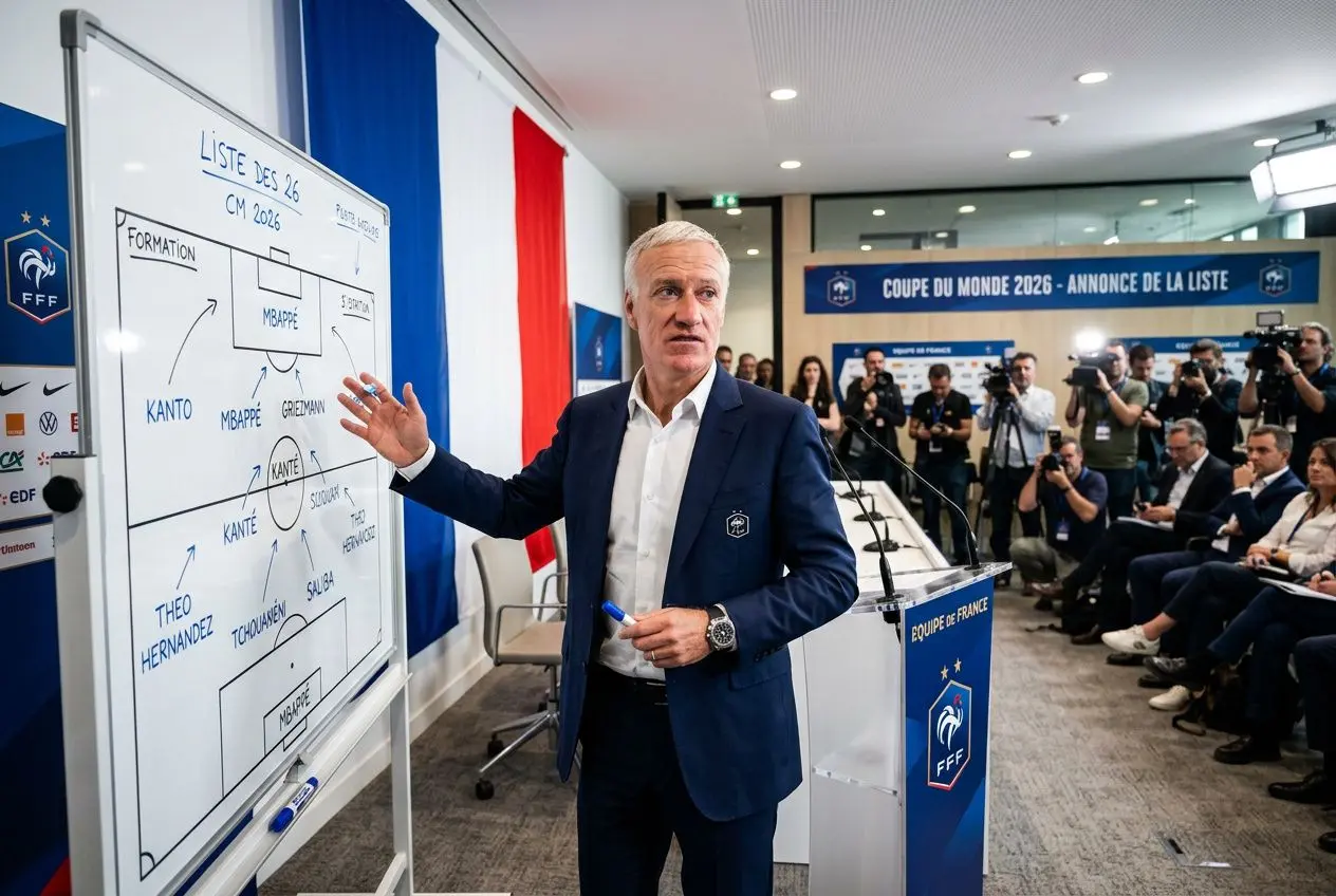 Direction: sélection et presse pour la composition équipe de france coupe du monde 2026, l’entraîneur devant un tableau blanc affichant la liste des 26 Bleus.