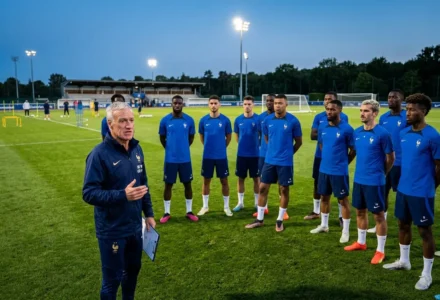 Entraînement de l’équipe de France en préparation, coach Deschamps s’adressant à 11 joueurs en maillots bleus sur le terrain. Liste équipe de france coupe du monde 2026.