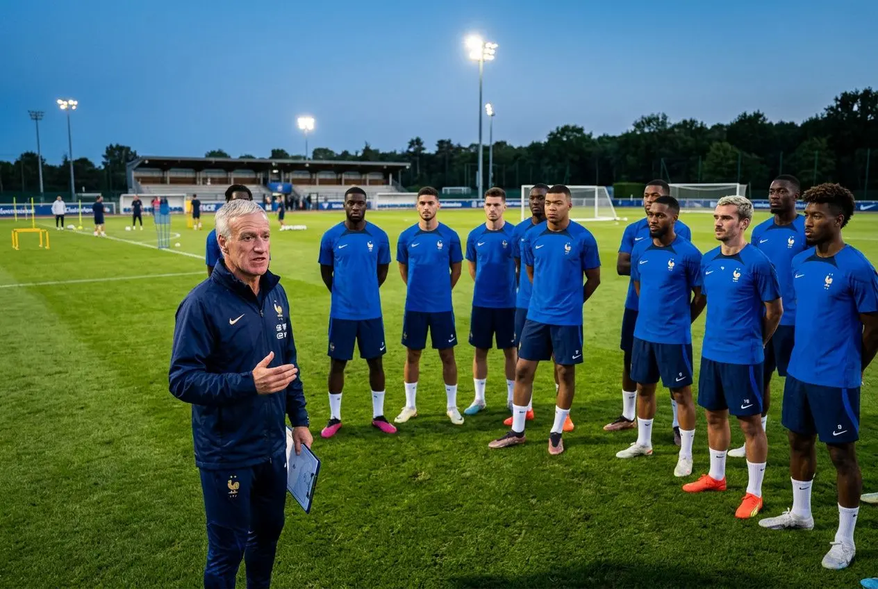 Entraînement de l’équipe de France en préparation, coach Deschamps s’adressant à 11 joueurs en maillots bleus sur le terrain. Liste équipe de france coupe du monde 2026.