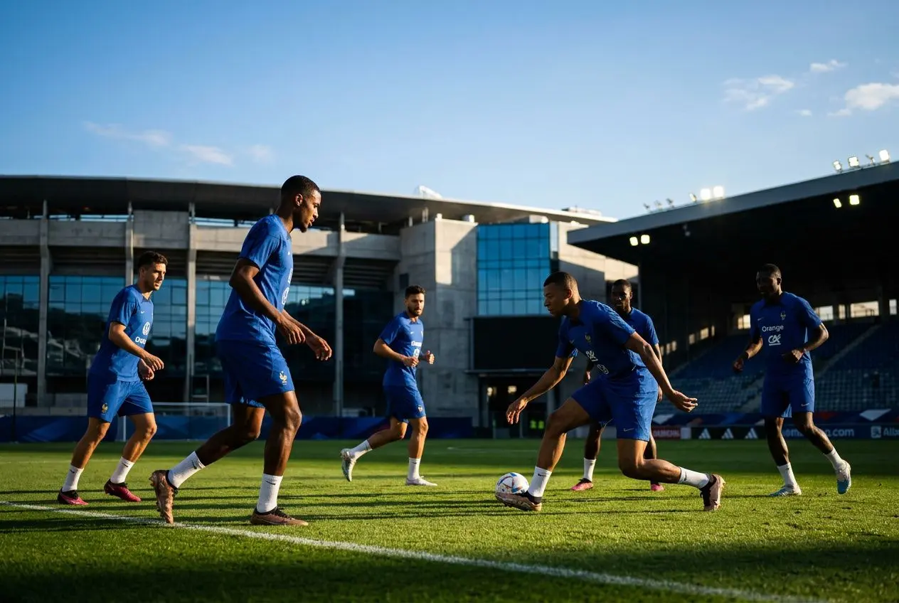 Équipe de France de football s’entraînant sur le terrain, joueurs en maillots bleus éclairés par le soleil. Calendrier france coupe du monde 2026 intégré.