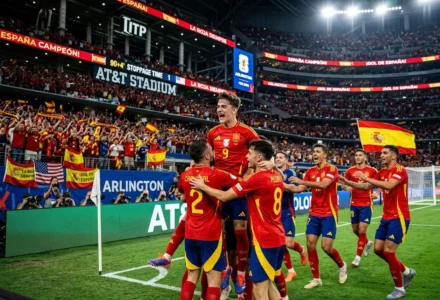 Espagne célèbre après avoir battu le Portugal 1-0 en huitièmes de finale de la coupe du monde 2026 à Dallas, match Espagne Portugal. match espagne portugal coupe du monde 2026.
