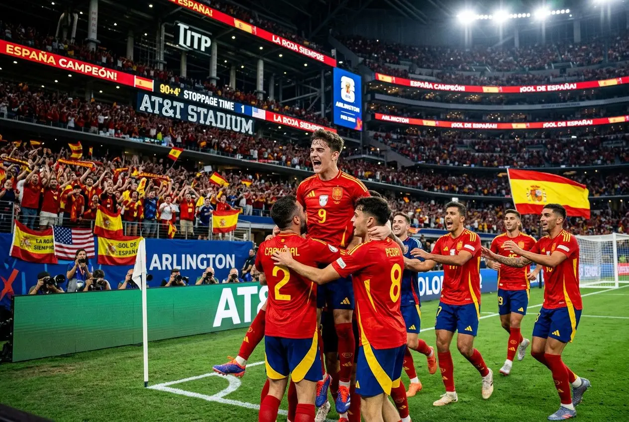 Espagne célèbre après avoir battu le Portugal 1-0 en huitièmes de finale de la coupe du monde 2026 à Dallas, match Espagne Portugal. match espagne portugal coupe du monde 2026.