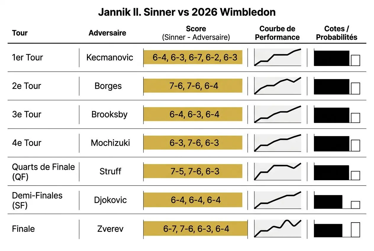 Finale messieurs Wimbledon 2026: tableau montrant le match entre Zverev et son adversaire avec scores 6-7, 7-6, 6-3, 6-4 et graphiques de.