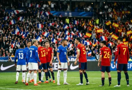 France-Espagne foot : séquence de joueurs des deux équipes au centre du terrain avant le coup d’envoi, tribunes pleines et supporters brandissant drapeaux. france espagne foot historique