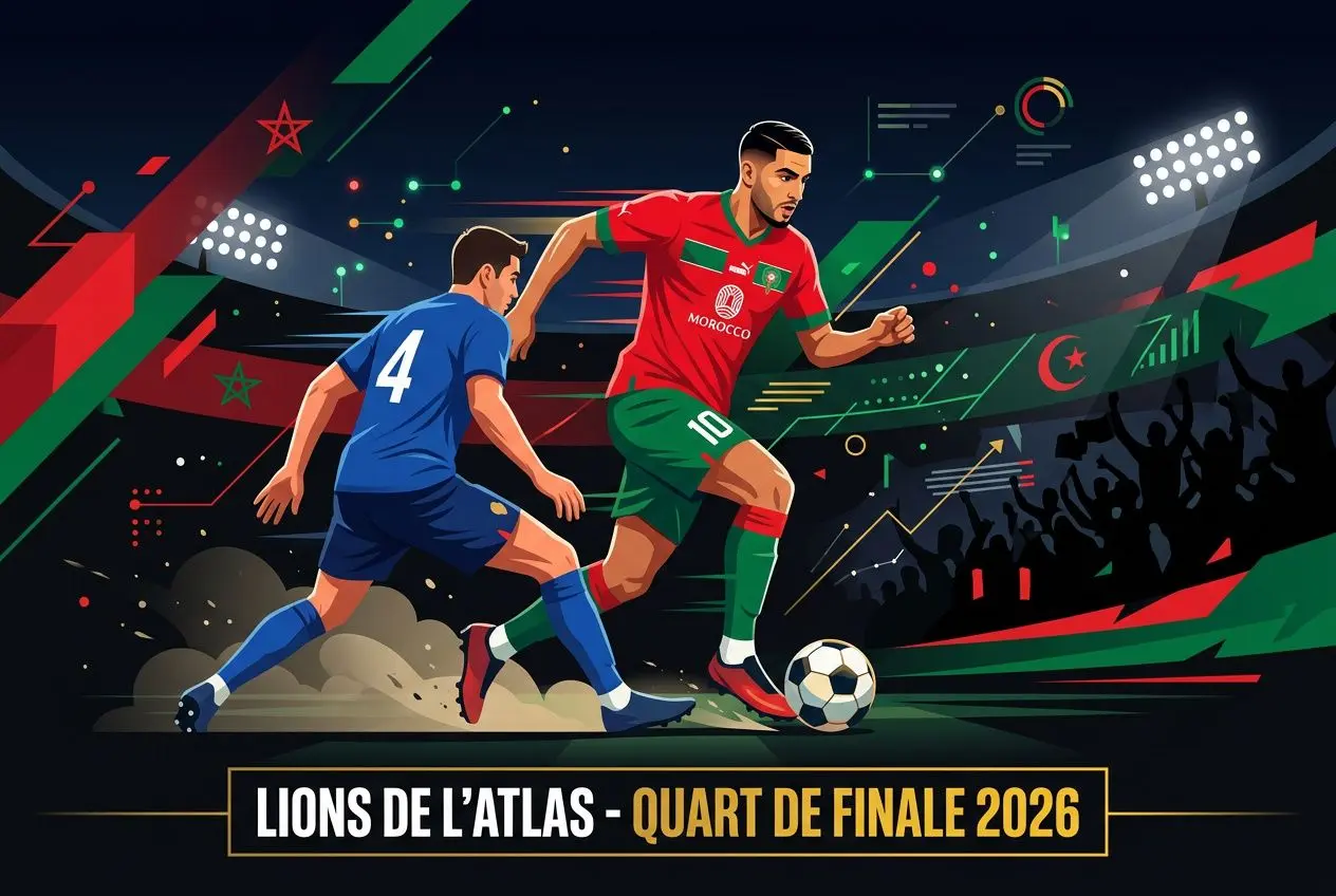 France Maroc football 2026 : duel en quart de finale des Lions de l’Atlas et des bleus au stade Gillette, ambiance épique et supporters.