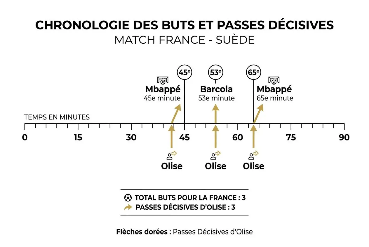 France-Suède résultat foot : score 3-0 avec buts et passes décisives d’Olivier.