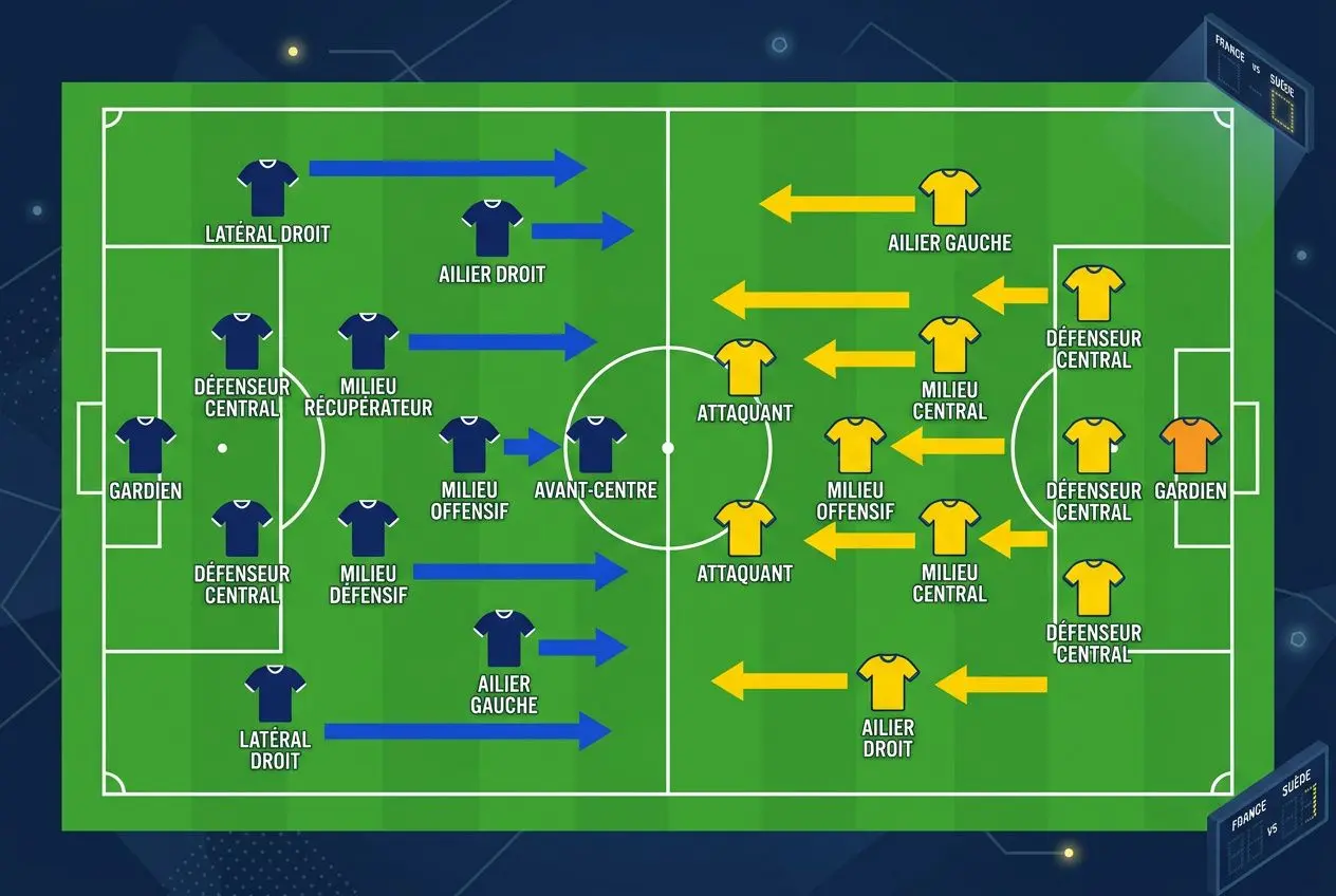France-Suède: résultat foot, score 3-0 avec buts, statistiques et moments clés montrés sur le tableau.