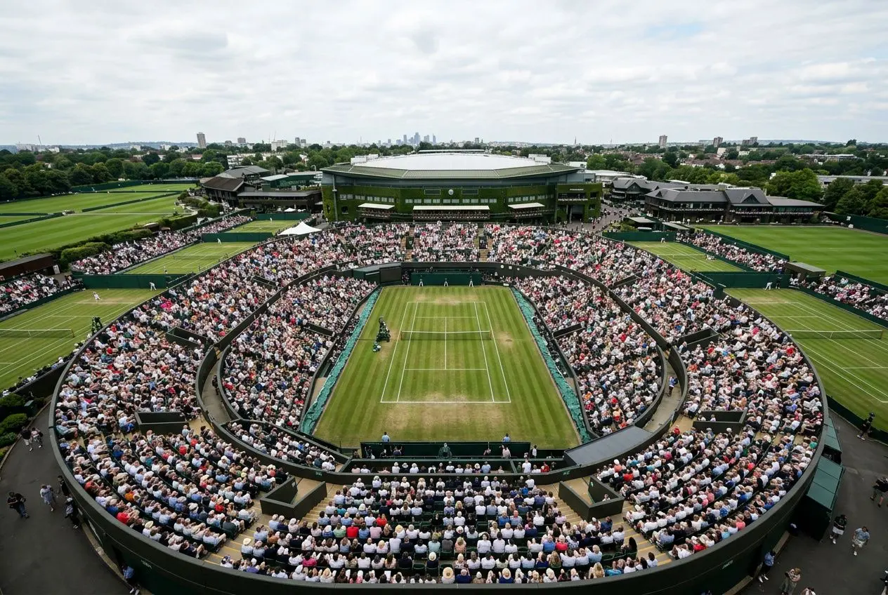 Grand chelem 2026 tennis : vue aérienne d’un grand court entouré d’un vaste public sur des tribunes en courbe, imagerie des tournois du calendrier.
