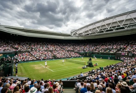 Grand chelem Wimbledon 2026: court central au gazon, match en cours avec spectateurs en tribunes et ciel nuageux.