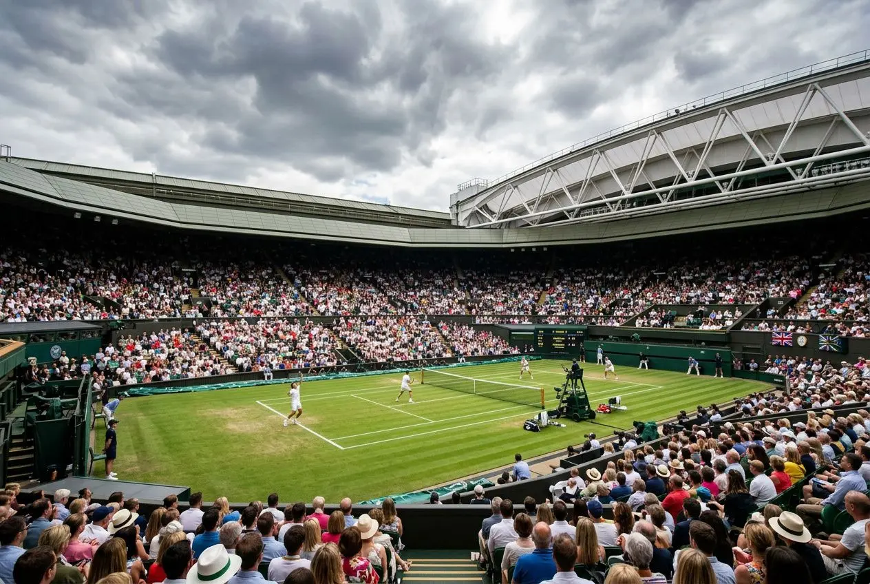 Grand chelem Wimbledon 2026: court central au gazon, match en cours avec spectateurs en tribunes et ciel nuageux.