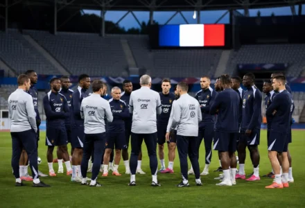 Groupe de joueurs de l'équipe de France en séance d’entraînement sur le terrain, visages concentrés, entraîneur au centre, drapeau tricolore en arrière-plan. match préparation coupe du monde 2026 calendrier france