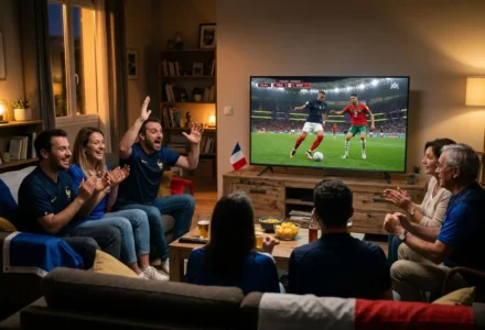 Groupe de personnes réunies dans un salon regardant un match France Maroc à la télévision. Ils applaudissent et sourient devant l’écran, avec des snacks sur la table. Où regarder france maroc intégré naturellement.