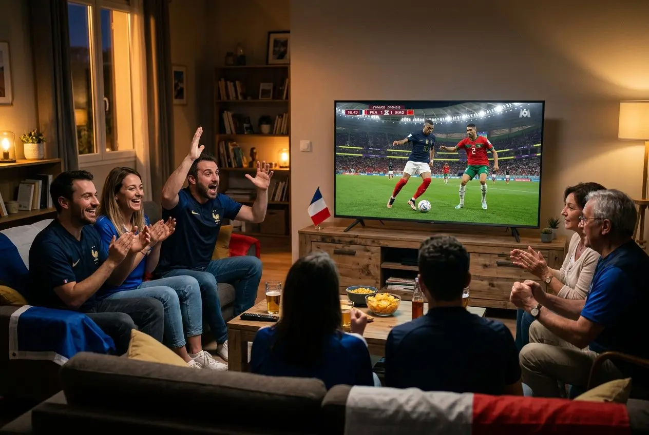 Groupe de personnes réunies dans un salon regardant un match France Maroc à la télévision. Ils applaudissent et sourient devant l’écran, avec des snacks sur la table. Où regarder france maroc intégré naturellement.