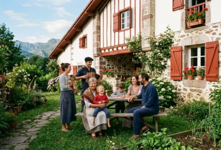Gruppe familial dans un jardin devant une villa basque traditionnelle, riant et partageant un moment convivial. didier deschamps famille intégré.