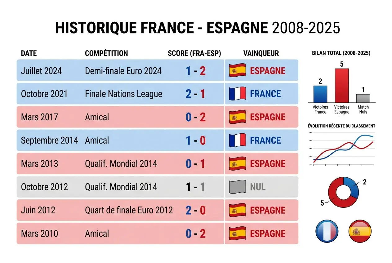 Historique France - Espagne 2008-2025: tableau des confrontations, résultats et vainqueurs, avec Espagne majoritaire et une progression des scores.