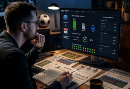 Homme analysant des données sportives sur écran affichant des statistiques de football, avec feuilles et carnet sur le bureau. intégrer: "comment parier sur le foot et gagner de largent" naturellement dans la description.