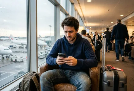 Homme assis à l’aéroport, regardant son téléphone, avec valises et fauteuils autour. intégré: commentaire sur comment utiliser betclic a l'etranger.