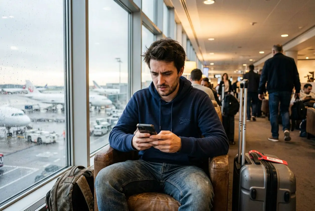 Homme assis à l’aéroport, regardant son téléphone, avec valises et fauteuils autour. intégré: commentaire sur comment utiliser betclic a l'etranger.