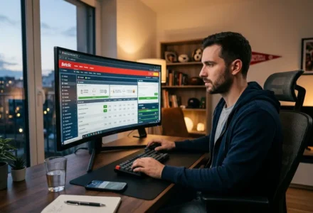 Homme devant un grand écran montrant Betclic sur PC, utilisant clavier et souris dans un bureau, ambiance nocturne. Comment installer Betclic sur PC intégrée.