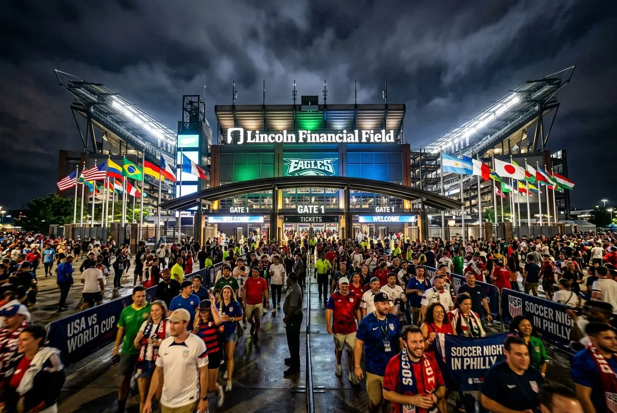 Hordes de supporters devant le Lincoln Financial Field avant un match, ambiance festive et drapeaux internationaux pour le france paraguay match.