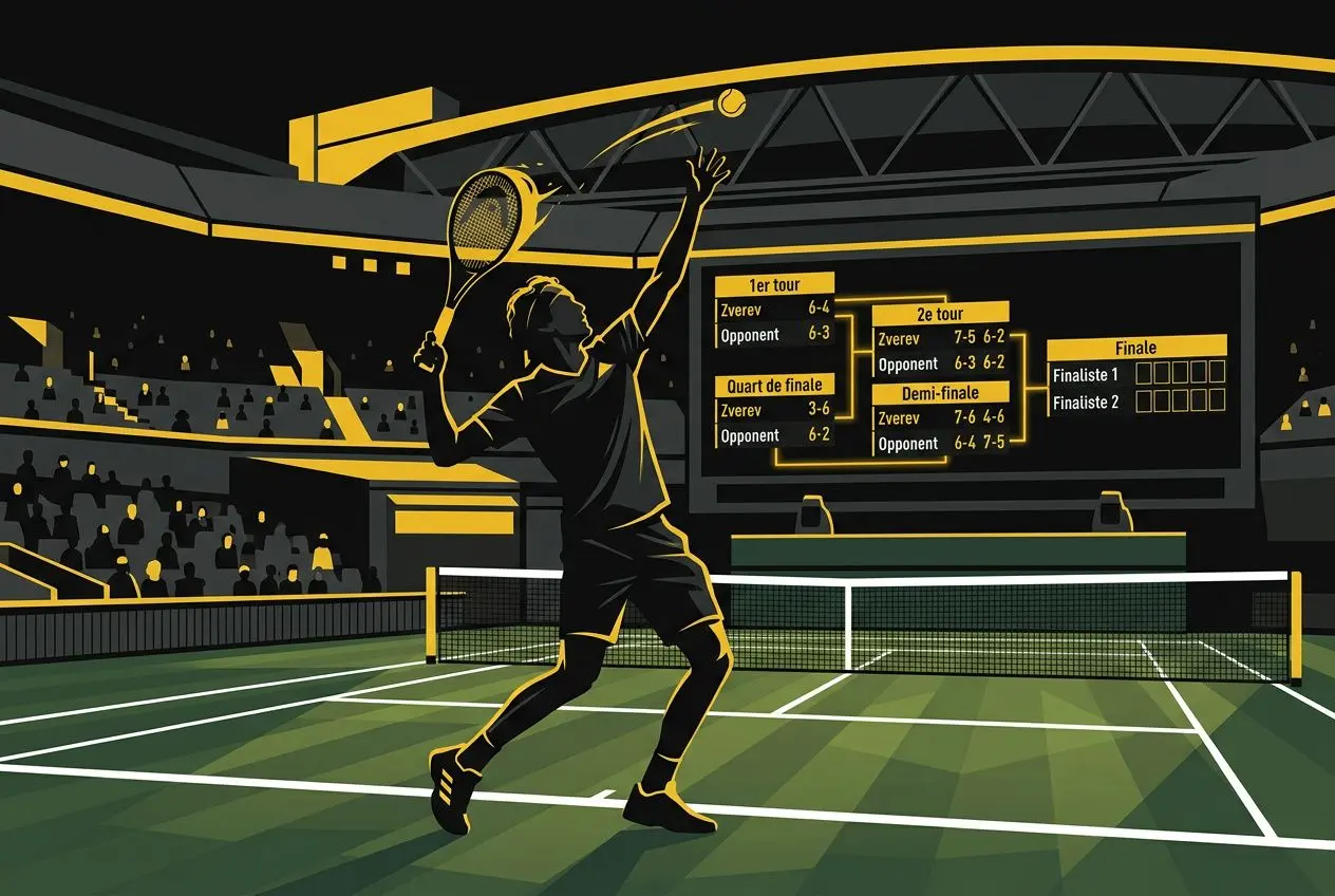 Illustration d’un joueur de tennis effectuant un service sur un court de Wimbledon, écran de scores géant en arrière-plan affichant la finale messieurs Wimbledon 2026.