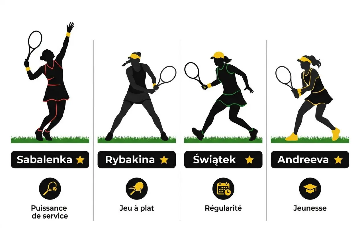 Illustration de quatre joueurs de tennis féminin en action, nommés Sabalenka, Rybakina, Świątek et Andreeva, avec leurs spécialités et icônes associées, accompagnée du titre pronostics tennis wimbledon.