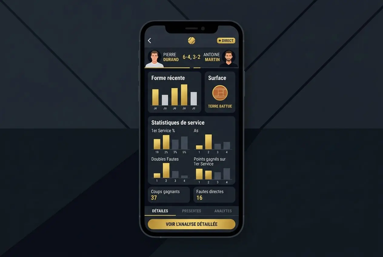 Interface mobile affichant un tableau de bord de pronostic tennis meilleur avec graphismes et statistiques sur l’écran du smartphone.