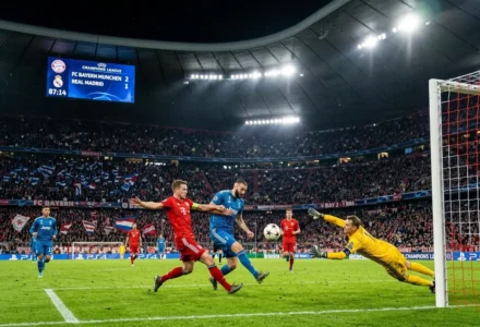Joueur en rouge tentant de marquer face à un gardien en jaune; dénouement près du but pendant un match de la Ligue des Champions, avec scoreboard et tribunes pleines. pronostic score exact ligue des champio intégré.