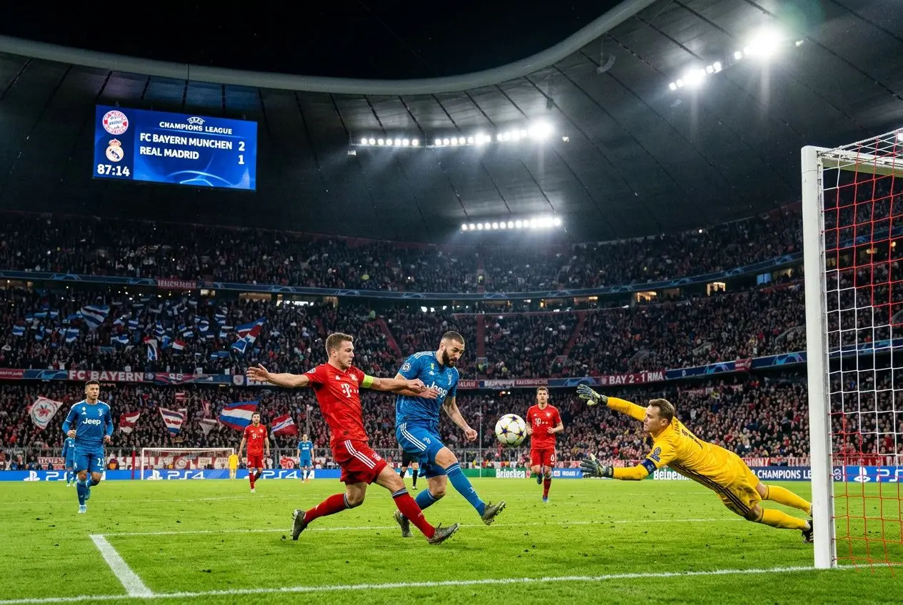 Joueur en rouge tentant de marquer face à un gardien en jaune; dénouement près du but pendant un match de la Ligue des Champions, avec scoreboard et tribunes pleines. pronostic score exact ligue des champio intégré.