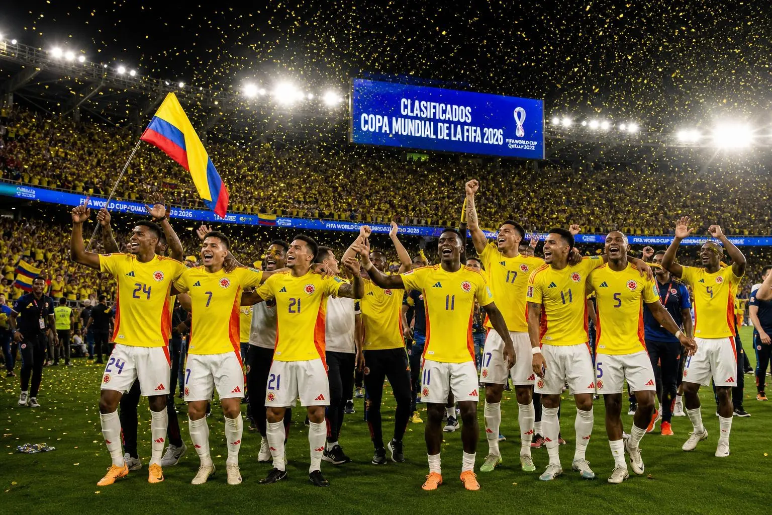 Les joueurs colombiens célèbrent leur qualification, banderole et confettis dorés sur le terrain. colombie déjà qualifiée pour la coupe du monde 2026 est visiblement célébrée.