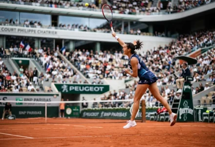 Joueur(se) de tennis féminin en action sur terre battue, effectuant un coup droit spectaculaire lors d’un match en intérieur, public nombreux en arrière-plan. pronostic tennis meilleur intégré naturellement: pronostic tennis meilleur avec uneAthlete en plein élan.