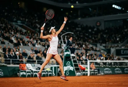 Joueuse de tennis en action sur terre battue, prête à frapper une balle lors d’un match en intérieur. Stratégie paris sportif tennis intégrée.