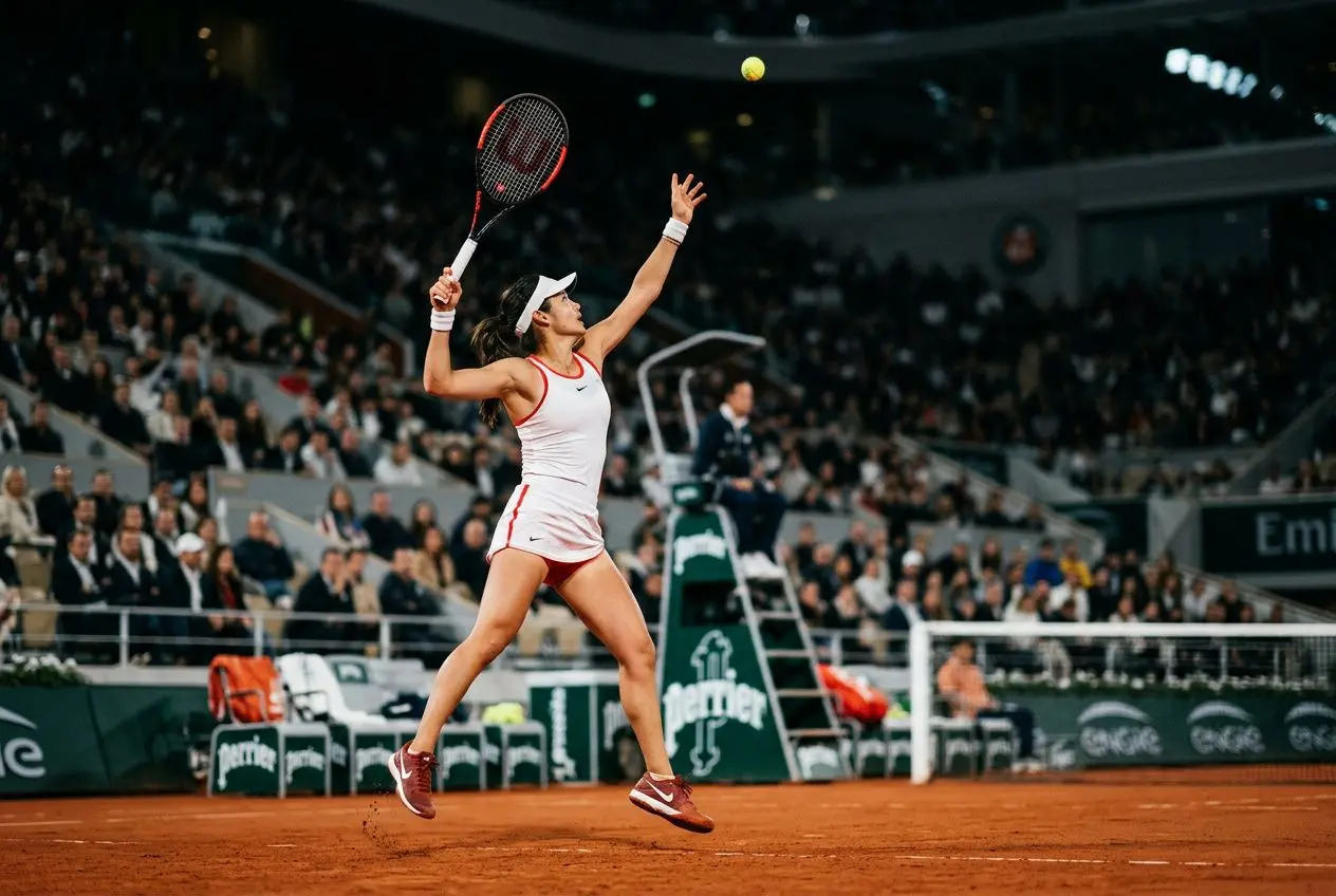 Joueuse de tennis en action sur terre battue, prête à frapper une balle lors d’un match en intérieur. Stratégie paris sportif tennis intégrée.