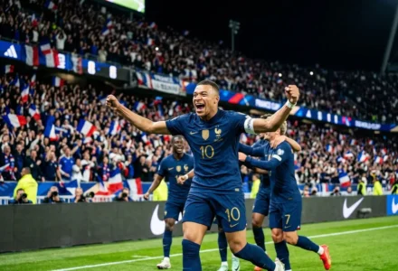 Kylian Mbappé aujourd'hui : célébration sur le terrain, capitaine français 10 en joie avec son équipe lors d’un match.
